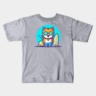 Cute Cat at Beach Cartoon Vector Icon Illustration Kids T-Shirt